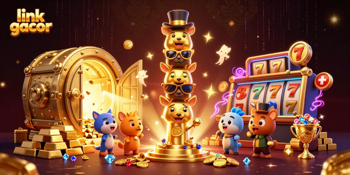 Engage with the exciting link gacor scene filled with gold and slot machine elements in a vibrant 3D illustration.