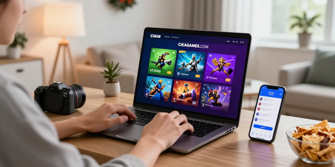 A user enjoying games on CIKAGAMES.COM with vibrant graphics and a cozy setup in a modern living room.