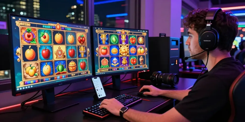 Engaging player focused on slot gacor online game with modern setup and vibrant graphics.