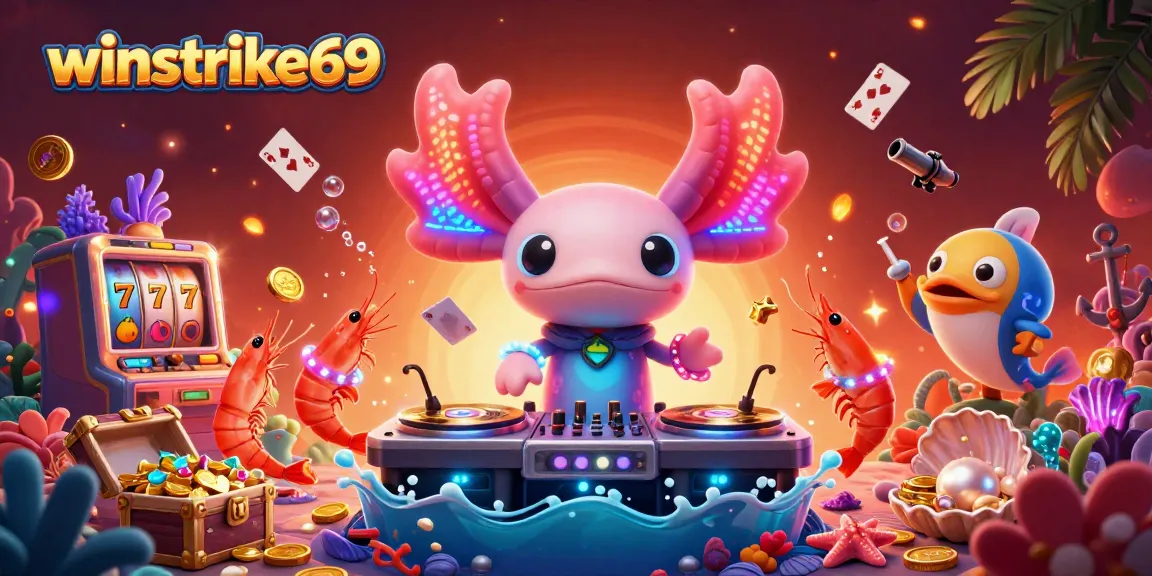 Winstrike69 showcases an immersive gaming world with vibrant characters and slot game elements.