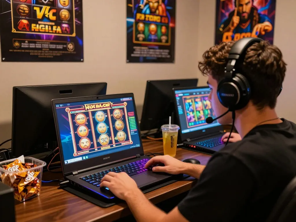 Pemain menikmati permainan slot gacor di setup gaming berteknologi tinggi dengan grafik yang cerah dan pencahayaan yang nyaman.
