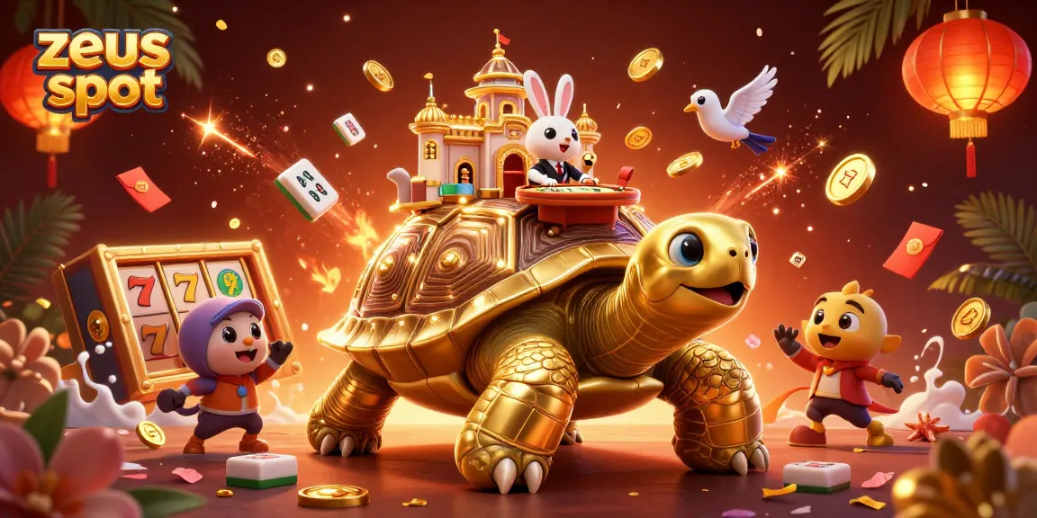 Spin and win with zeus slot as a golden tortoise casino showcases vibrant symbols and a lively scene.
