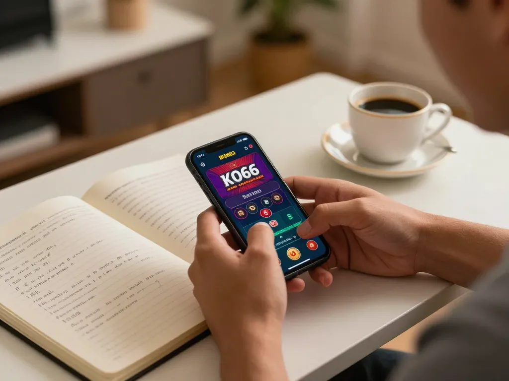 Hướng Dẫn KO66 - Engaging mobile gaming scene showing a person strategically placing bets on a smartphone.