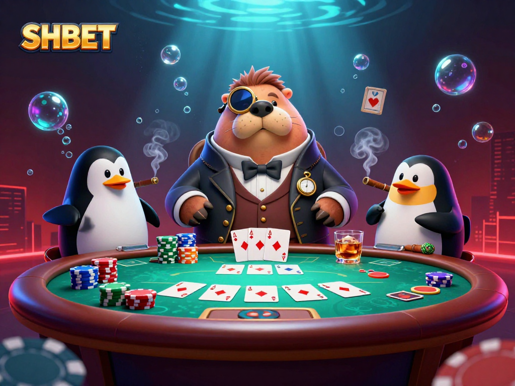 Engage with SHBET's thrilling underwater poker game featuring vibrant characters and dynamic gameplay.