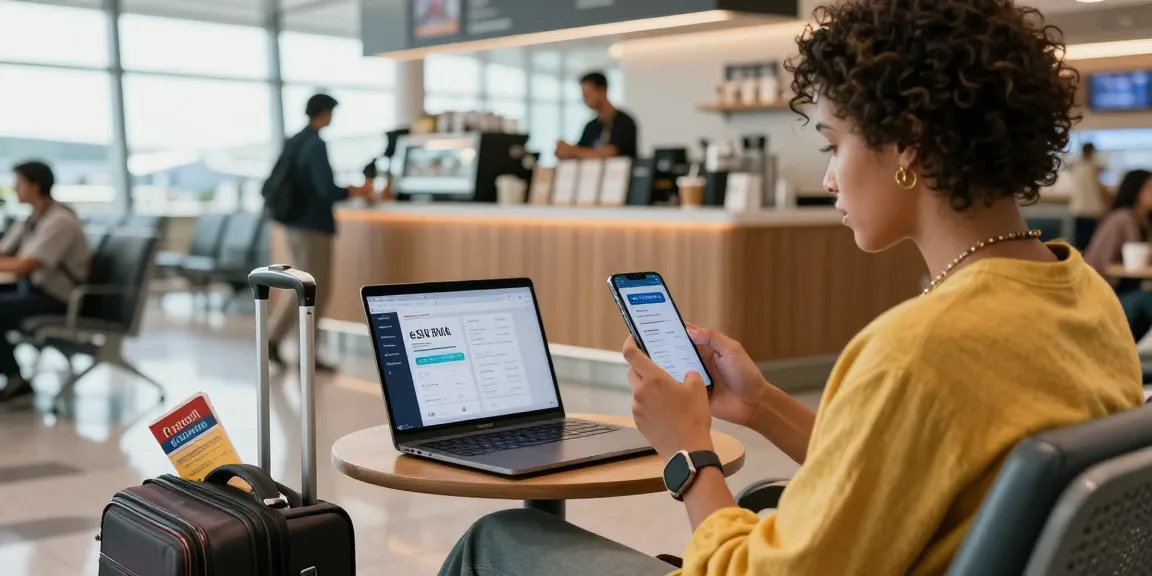 Traveler comparing eSIM কুপন (eSIM kupon) plans in an airport lounge, tech-savvy journey.