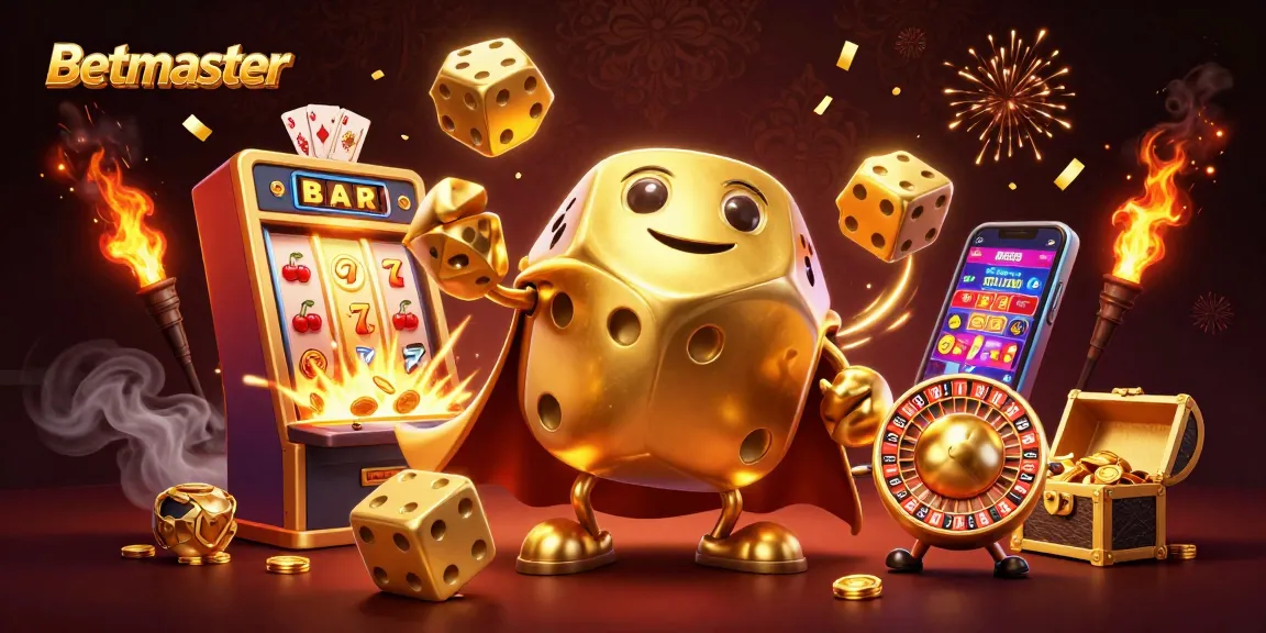 Betmaster features a dynamic 3D illustration of a golden dice golem and vibrant casino elements