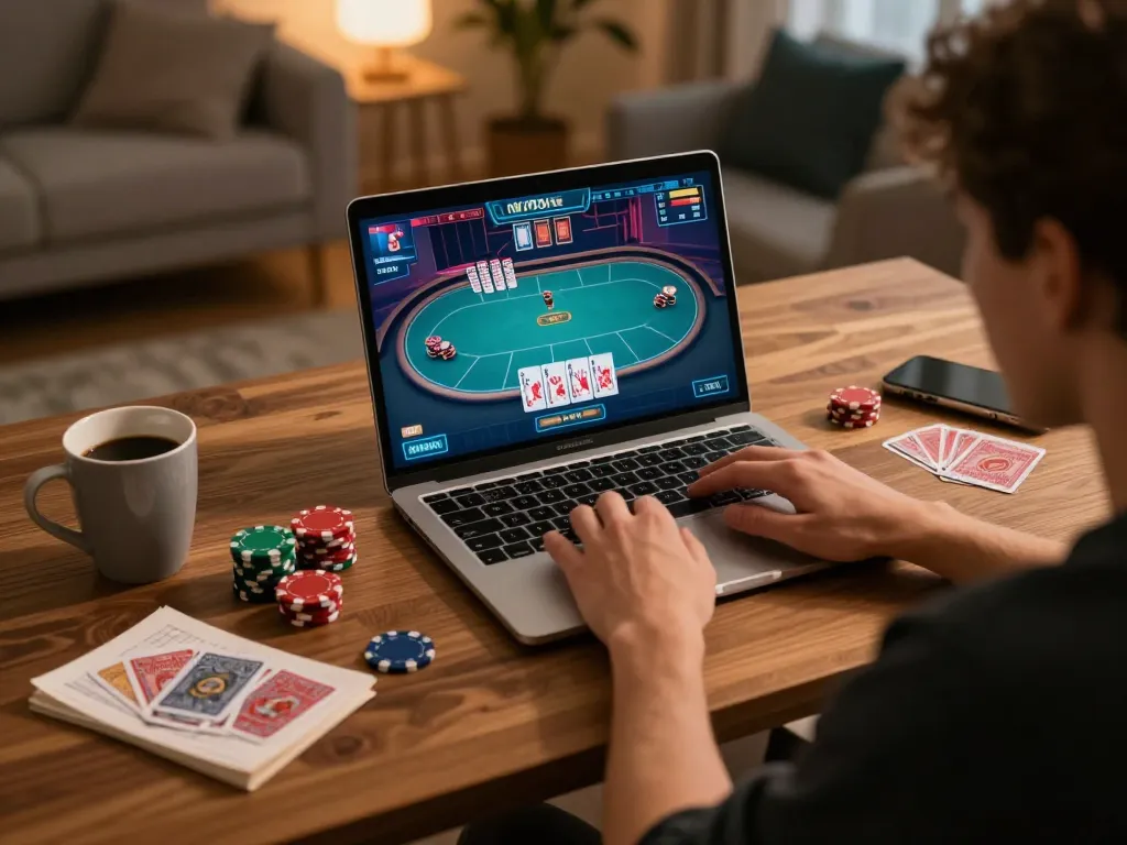 Engaging in a strategic online poker game at home, showcasing ATQ gaming interface and cozy atmosphere.