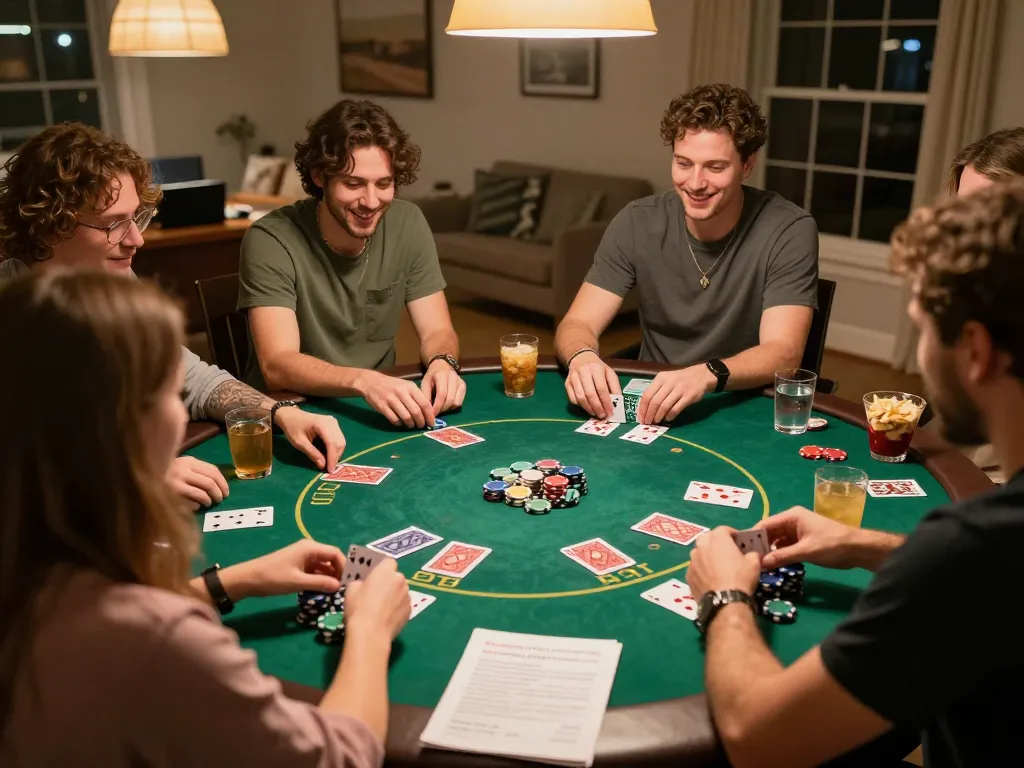 Teman-teman terlibat dalam malam poker, menunjukkan strategi sambil menikmati permainan toto togel di rumah.