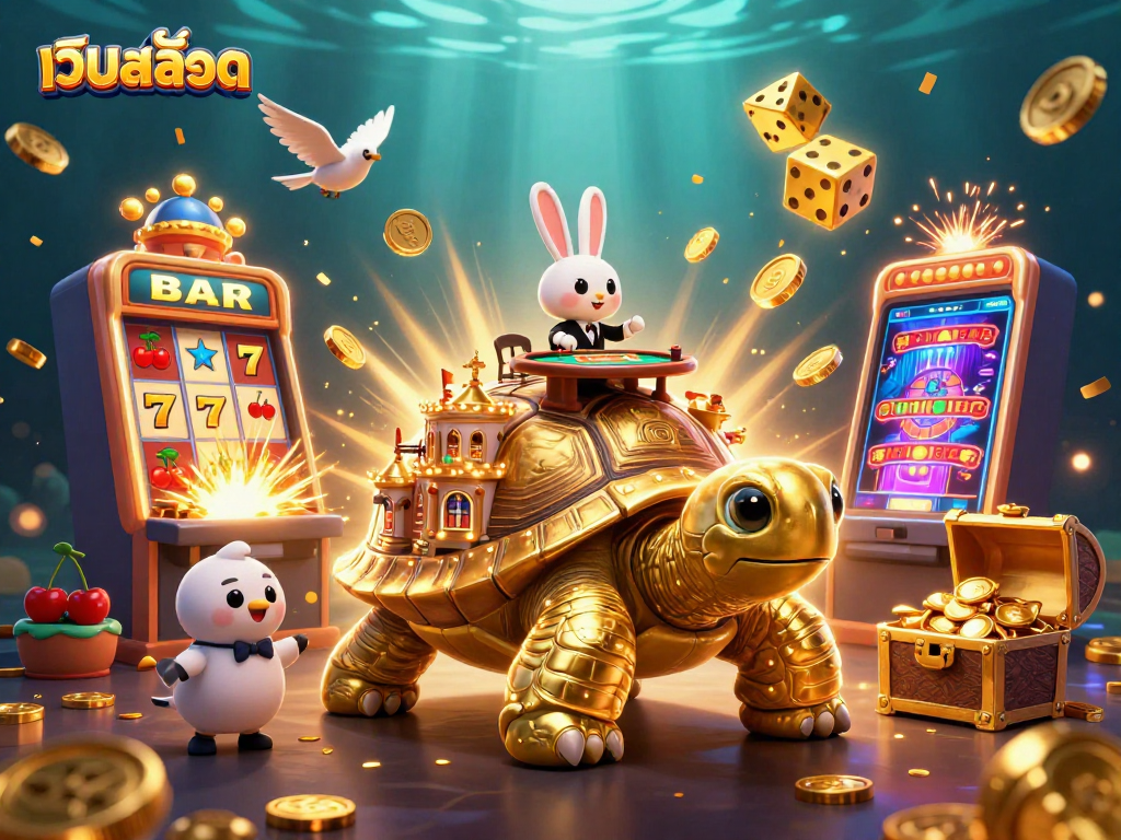 Enjoy epic เว็บสล็อต adventures with a golden tortoise casino, jackpot symbols, and rabbit dealer thrilling action.