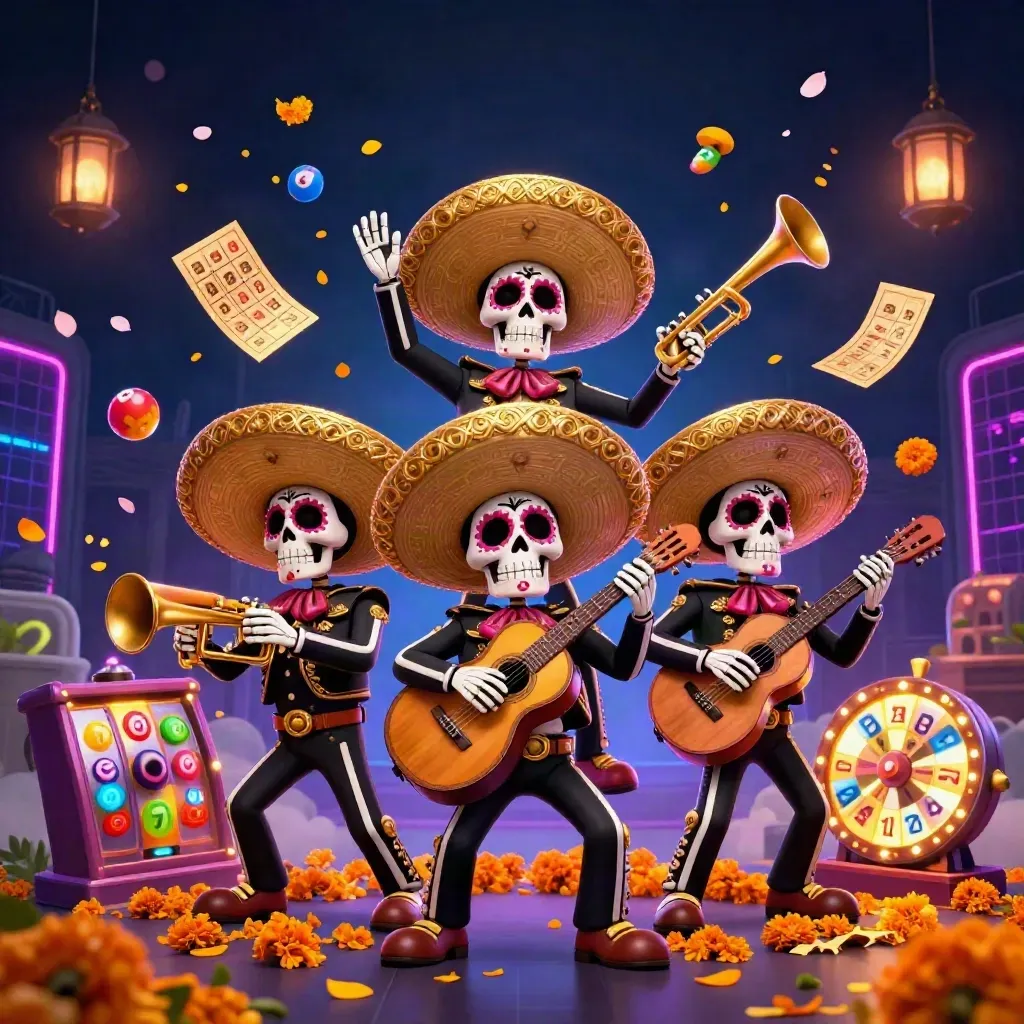 Three skeleton mariachi musicians amid neon casino bursts, reels, balls, petals, and gold.