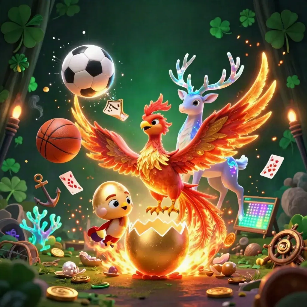 Phoenixes and a stag burst through treasure cove chaos with sports balls and gold coins.