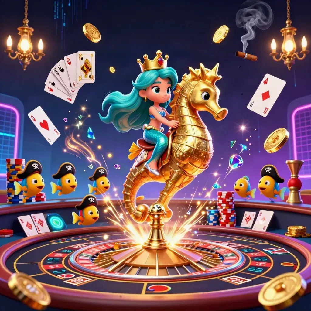Mermaid princess on armored seahorse amid coins, gems, roulette, chips, and neon casino glow