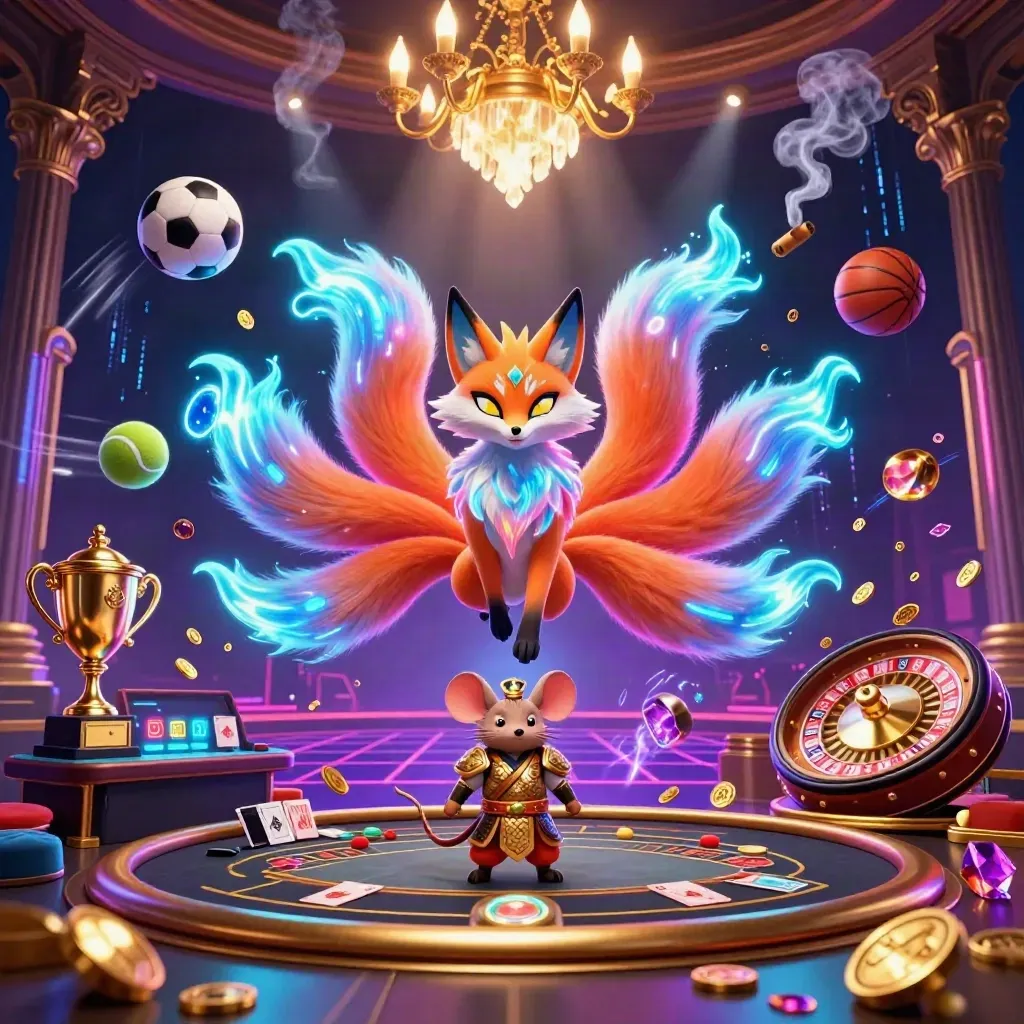 Neon fox spirit and samurai mouse amid casino props, sports balls, coins, and a chandelier glow