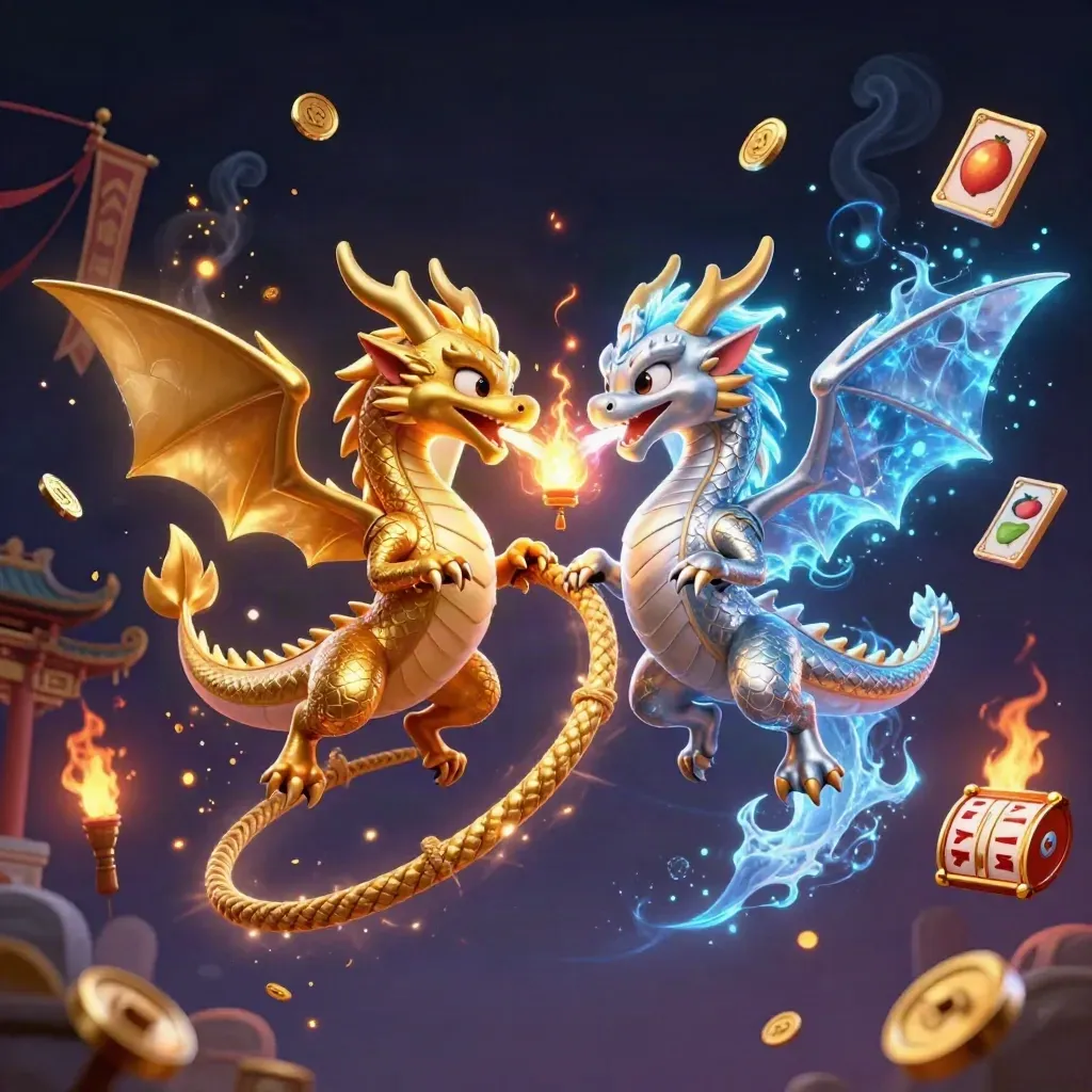 Twin gold and silver dragons clash in a neon temple storm with coins, fire, and ice