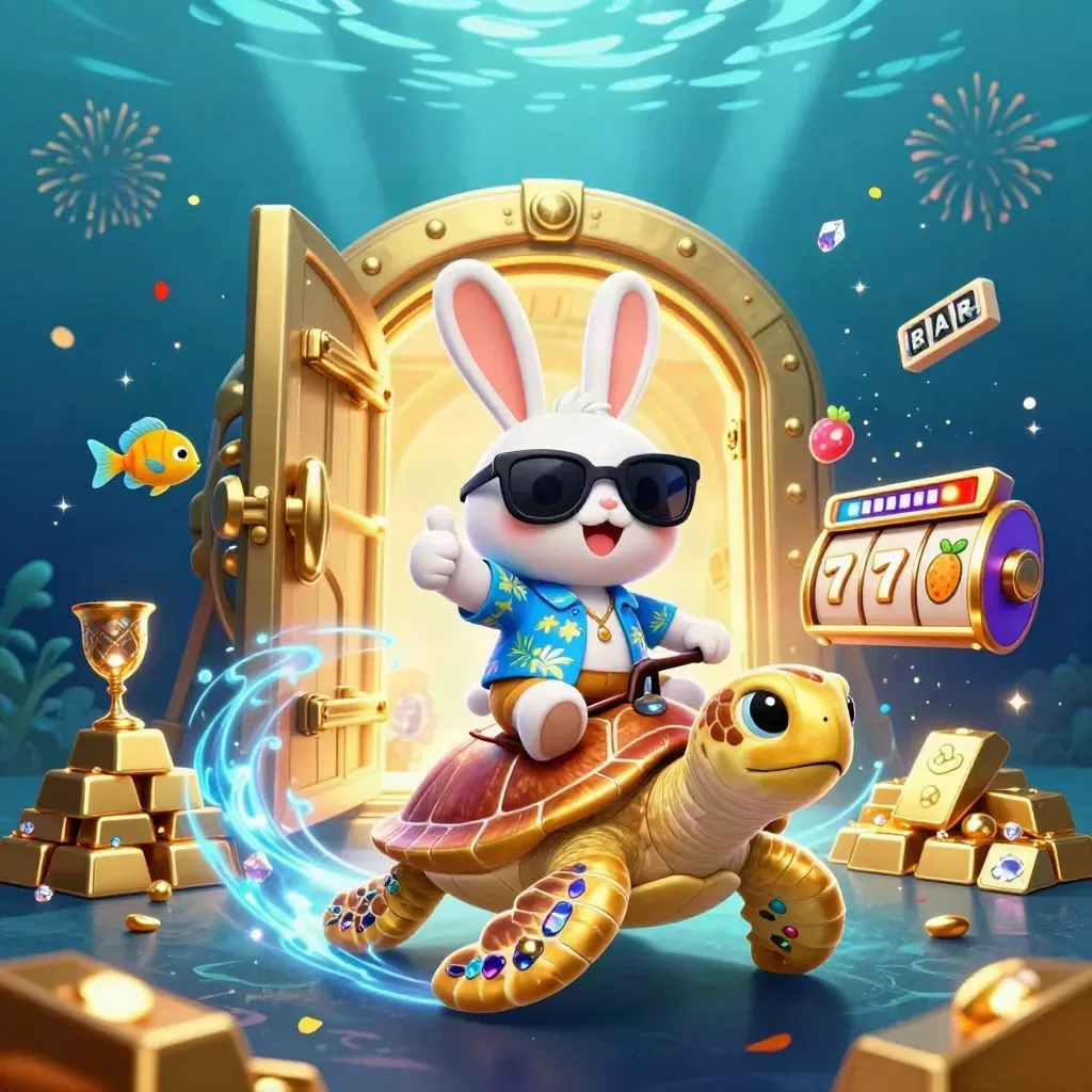 Lucky rabbit on a jeweled sea turtle bursts from a vault with gold, gems, and neon-blue glow.