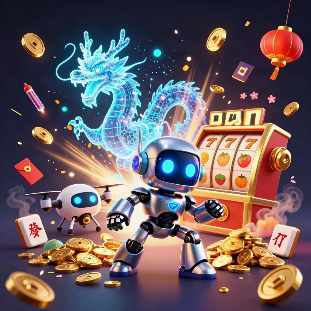 Cyberpunk robot, holographic dragon and coin drone amid casino vault burst, coins, lanterns and fireworks.