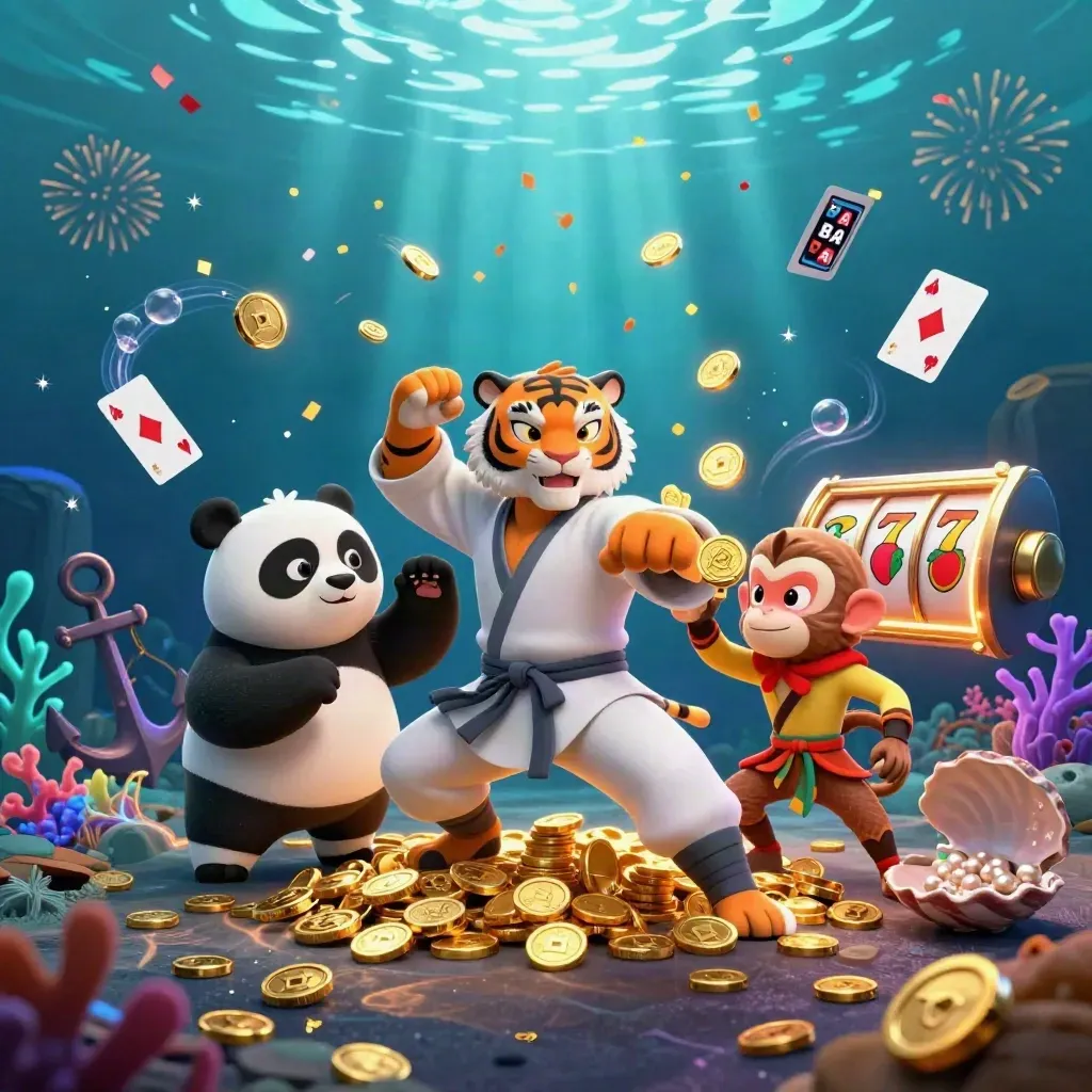 Kung-fu tiger, panda, and monkey amid underwater coins, reels, coral, and fireworks.