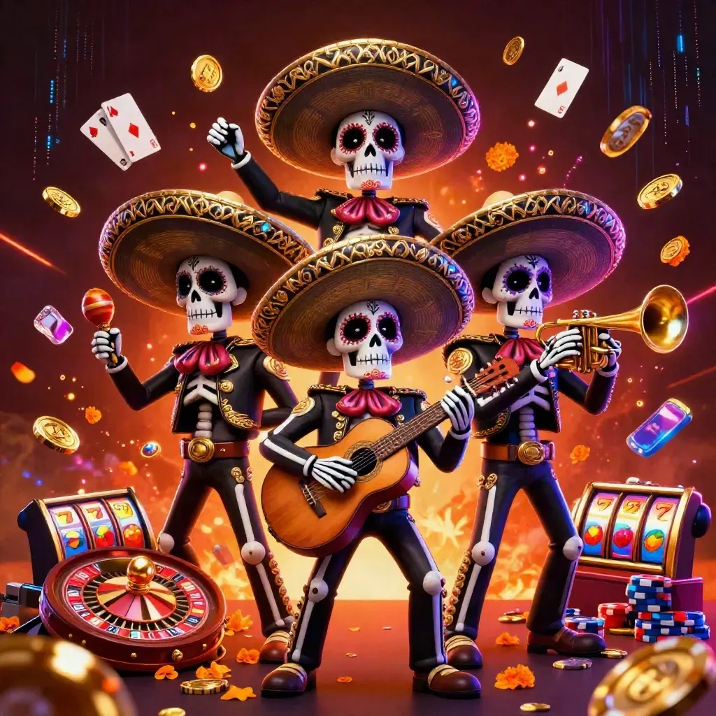 Three skeleton mariachi performers amid coins, roulette, cards, chips, and neon casino energy.