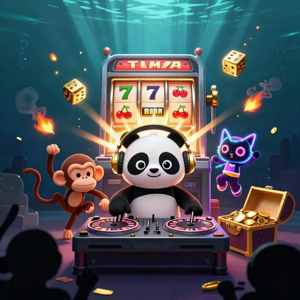 DJ panda, breakdancing monkey, and glow-stick kitten amid slot reels, gold, sparks, and neon light