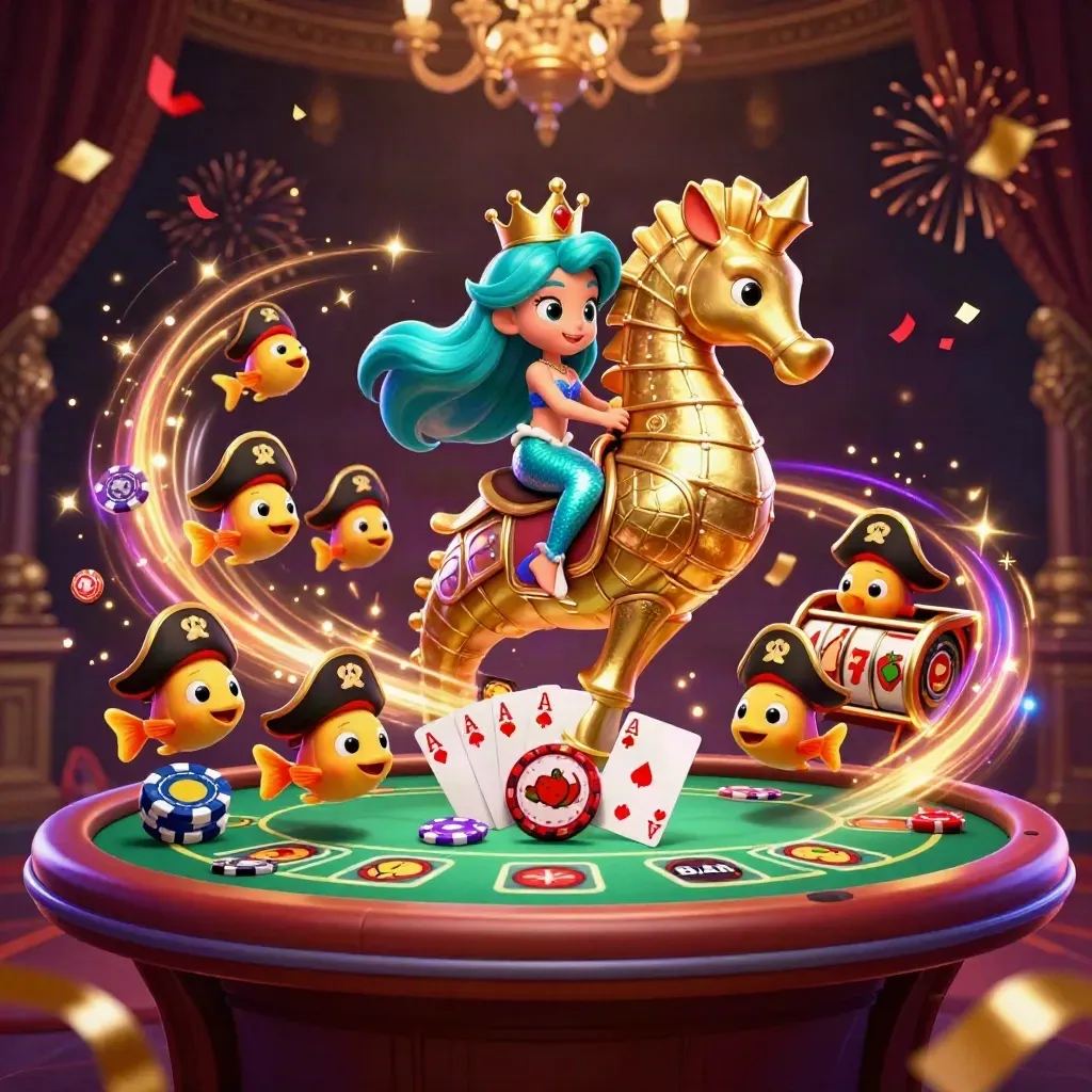 Mermaid princess on armored seahorse amid poker chips, cards, slot reels and gold sparks in neon casino glow.