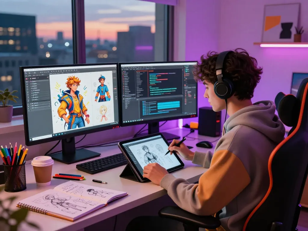Creative NSFW AI character design session in vibrant digital art studio