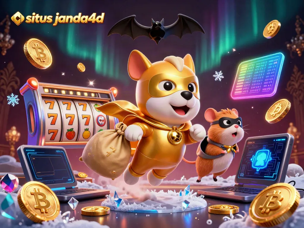 Gambar situs janda4d menunjukkan anjing superhero dengan koin emas dan simbol kasino yang menarik