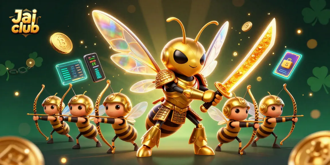 Experience Jai club gaming with a vibrant scene featuring a warrior hornet and crypto elements.