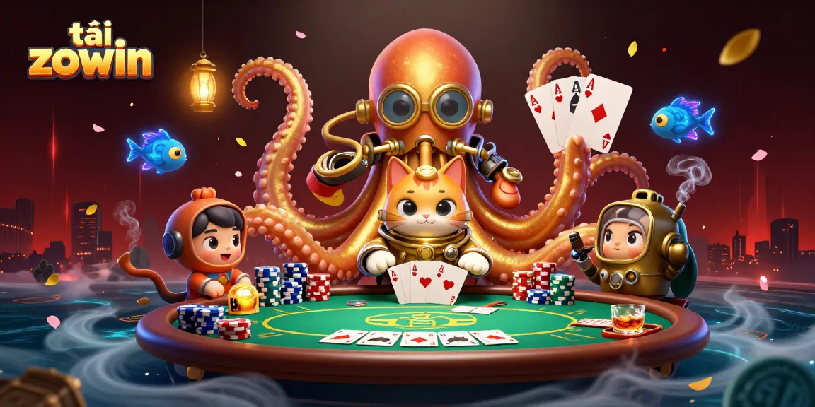 Experience thrilling games with tải zowin in a vibrant casino atmosphere featuring a colossal kraken and a diving cat.