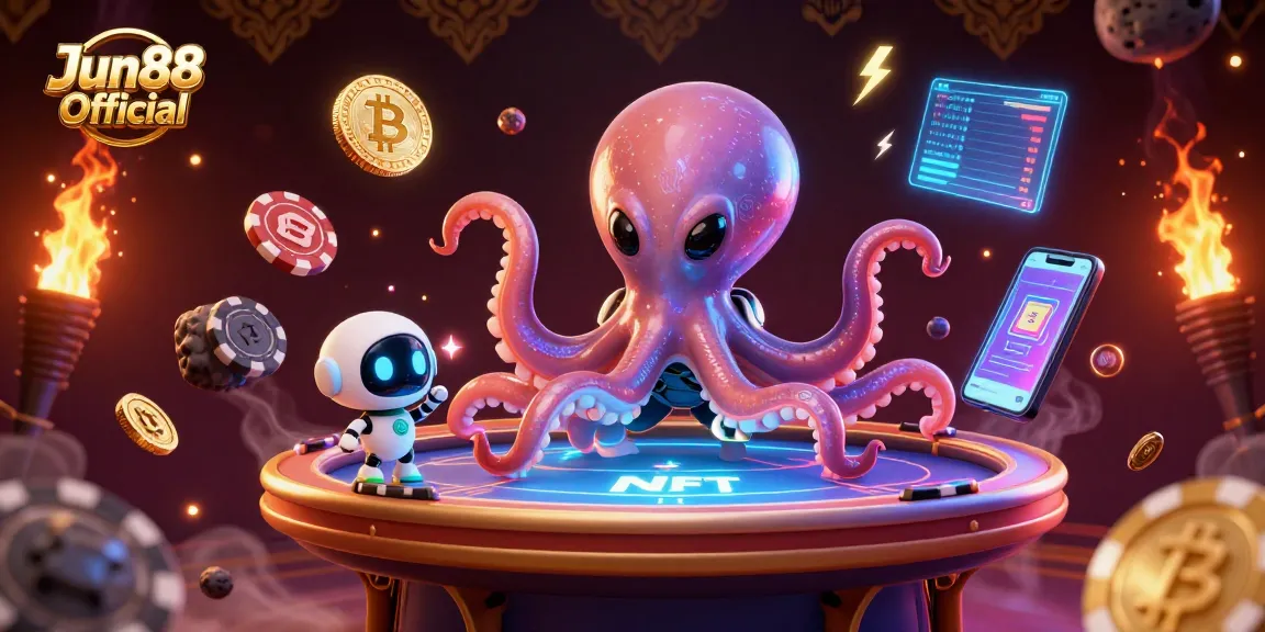 Experience thrilling gaming with Jun88 Official's vibrant 3D casino scene showcasing alien octopus and crypto elements.