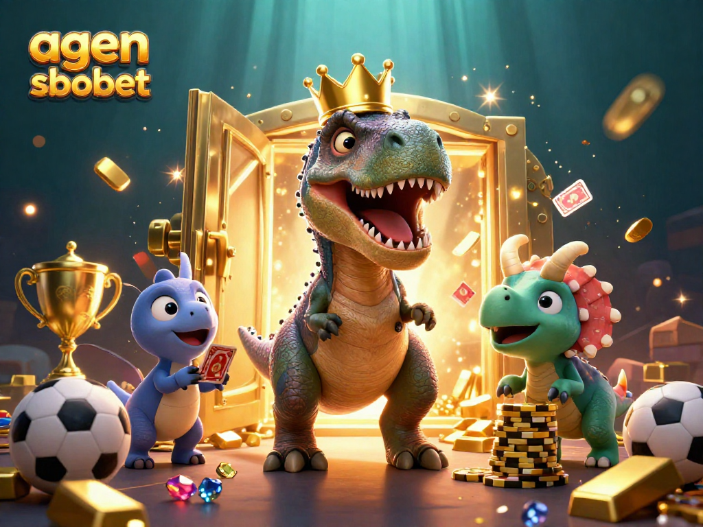 Bet on your favorites with agen sbobet as the T-Rex shuffles cards in this vibrant casino scene.