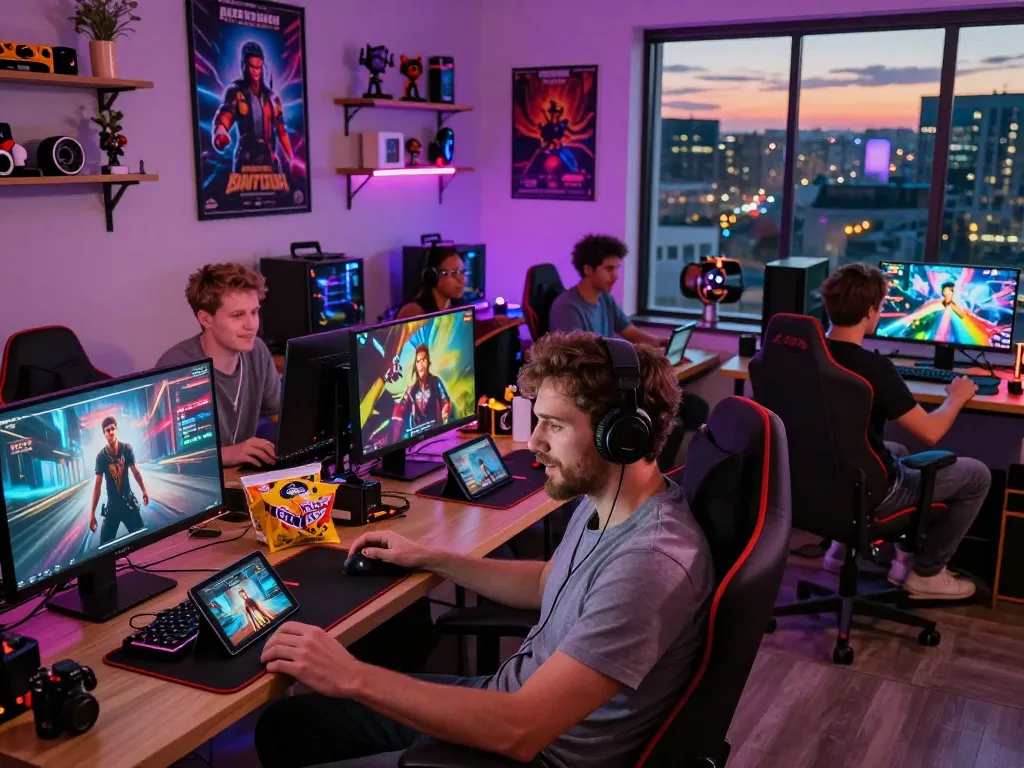 Players enjoying diverse porngame experiences in a cozy gaming lounge with vibrant decor and engaging atmosphere.