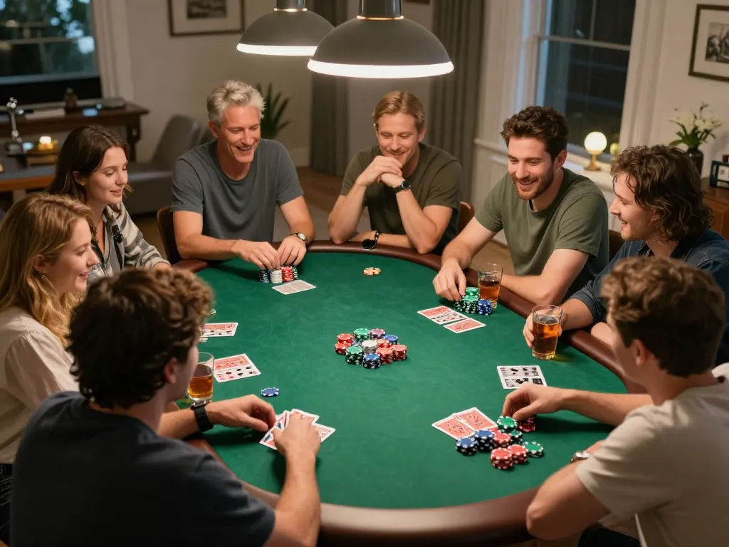 Social gaming with friends at a home poker night featuring lc88 poker chips and cards on the table