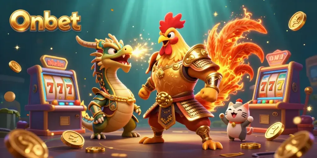 Join the adventure with Onbet, featuring a fierce rooster warrior and dragon hatchling amidst vibrant casino elements.