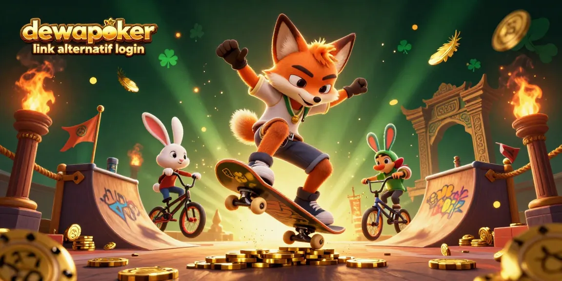 Dewapoker link alternatif login showcases a thrilling scene of a fox and rabbit performing tricks while surrounded by vibrant casino elements.