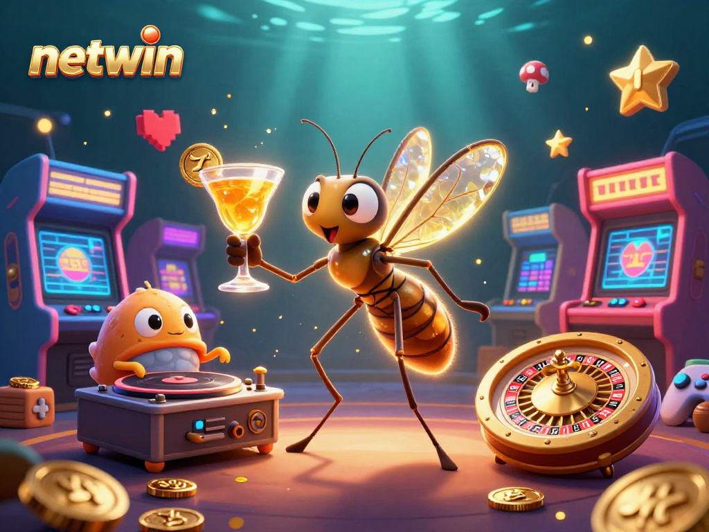 Experience the excitement of netwin with a dynamic 3D casino scene featuring unique characters and gaming elements.
