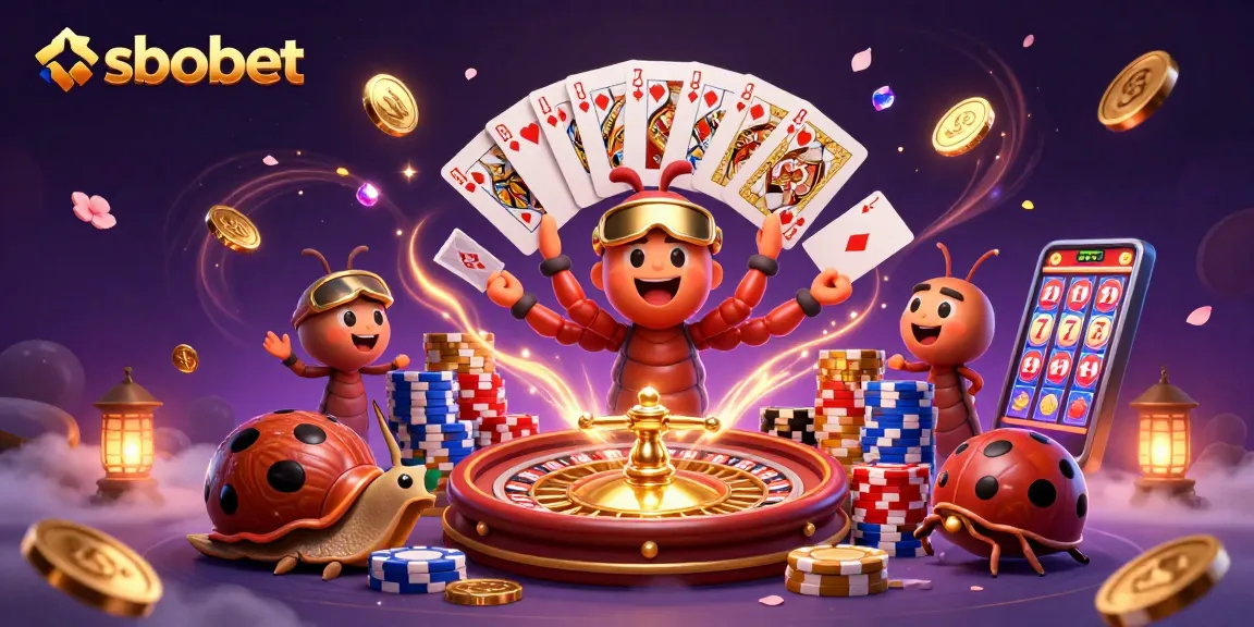 SBOBET sports betting illustration depicting a millipede dealer and a high-roller snail surrounded by casino elements
