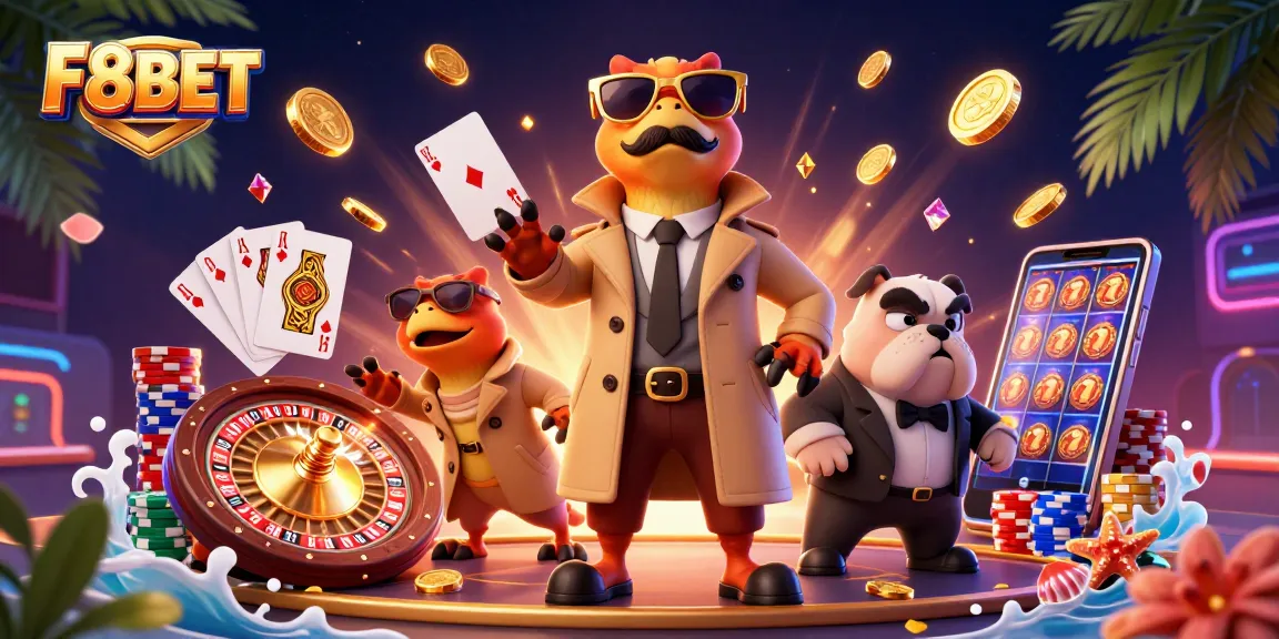 F8BET raptors sneak into a VIP casino, showcasing vibrant gambling elements with slot reels and poker chips.