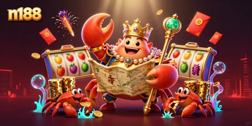 Experience thrilling gambling with n188 in this vibrant 3D casino illustration showcasing lively characters and festive elements.
