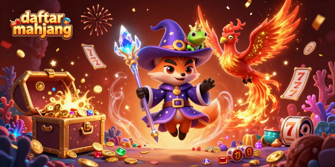 Engage in daftar mahjong with a whimsical wizard, phoenix, and enchanted frog in a vibrant casino-themed illustration.