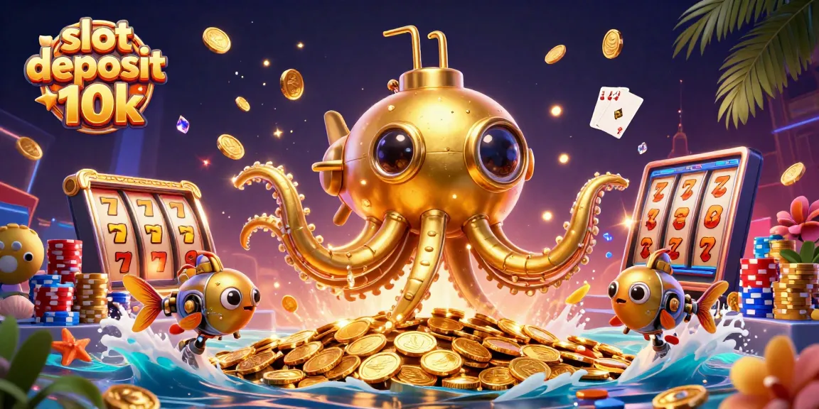 Engage in thrilling fun with slot deposit 10k while surrounded by cascading golden coins and vibrant casino elements.