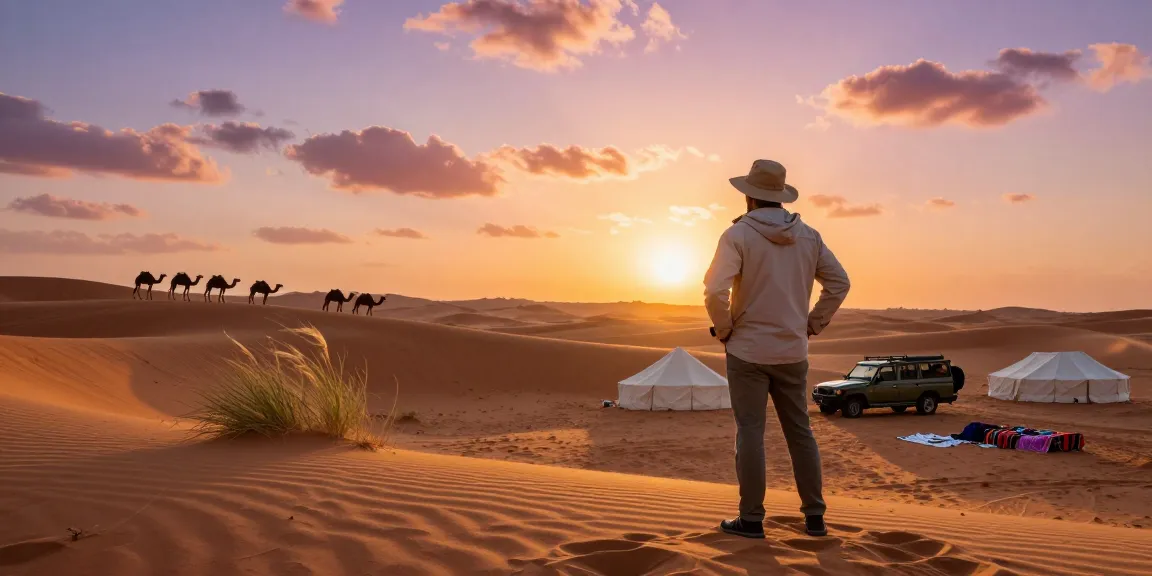 Adventurer enjoying a desert sunset view while exploring a slot during a safari, showcasing vast dunes and traditional tents.