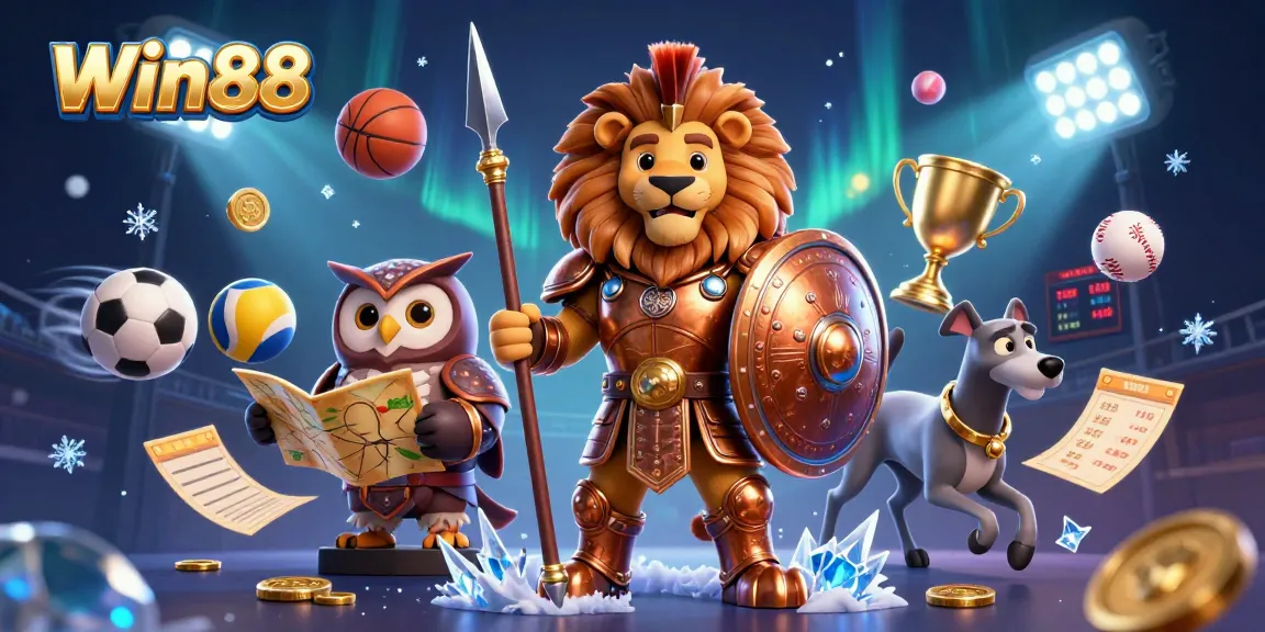 Win88 showcases a vibrant sports betting illustration featuring a Spartan lion, owl strategist, and greyhound messenger.