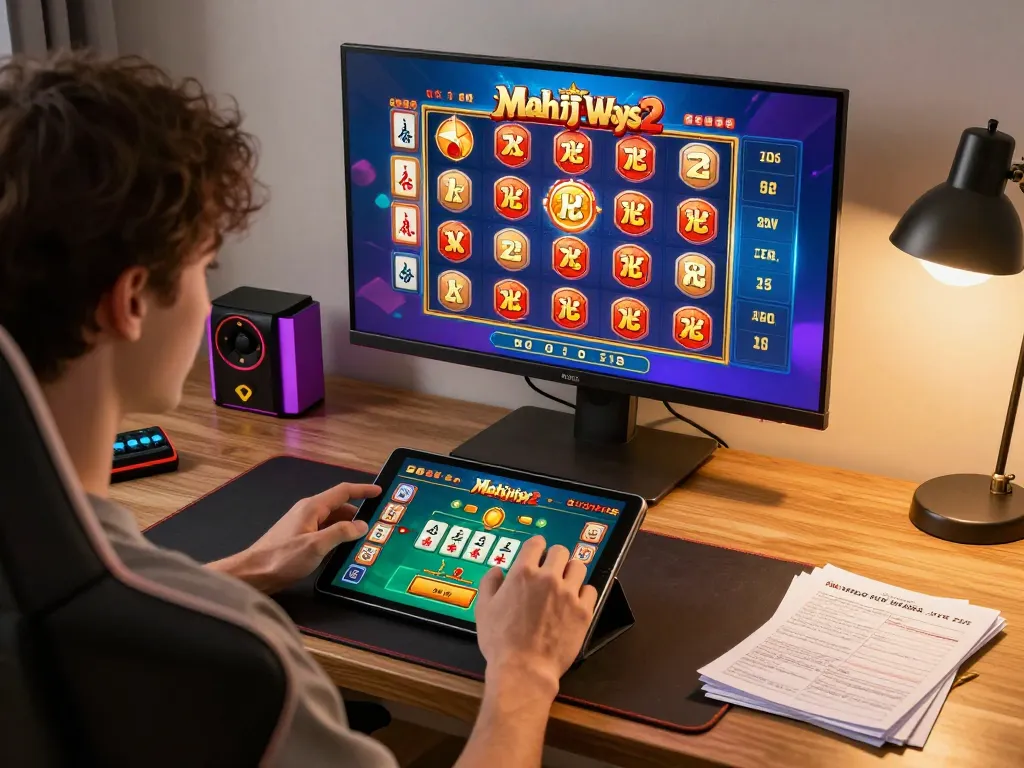 Engaging hands playing Mahjong Ways 2 online slots at a personalized gaming workstation, showcasing vibrant interface.