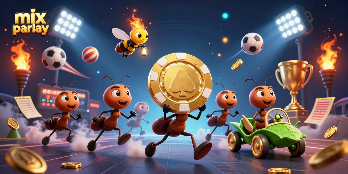 Bet on mix parlay with ants heisting a giant poker chip in this exciting gambling scene.