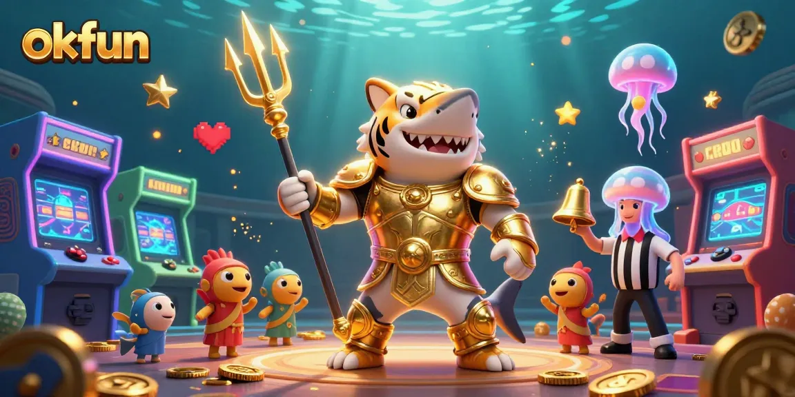 Engage with okfun's thrilling underwater casino experience featuring a gladiator shark.