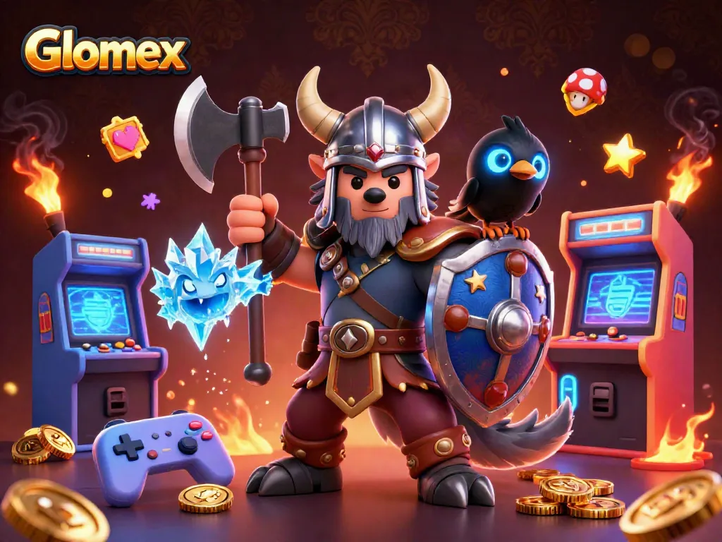 Engage with Glomex's dynamic casino scene featuring Viking warrior, dragon, and arcade elements.