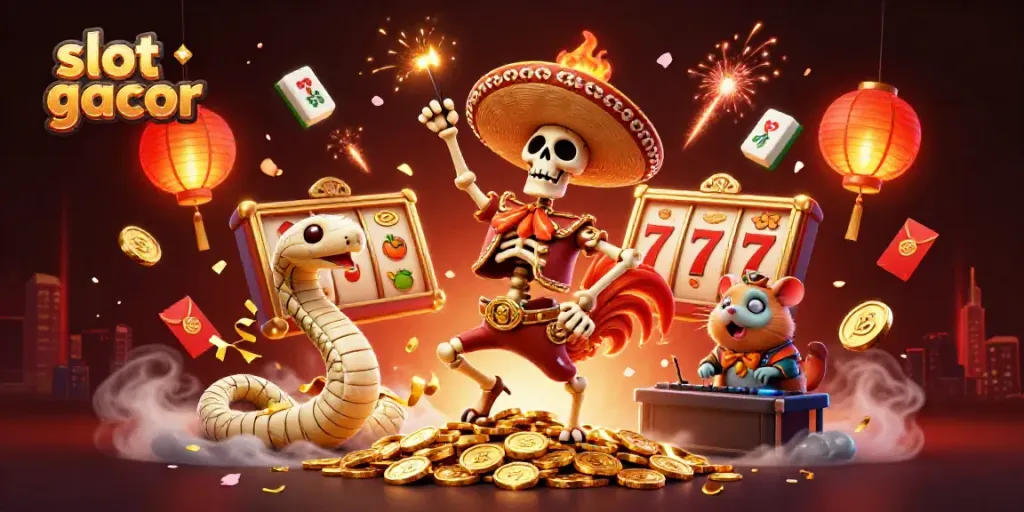 Gali kemenangan di slot gacor dengan ilustrasi meriah dan karakter unik saat bermain.