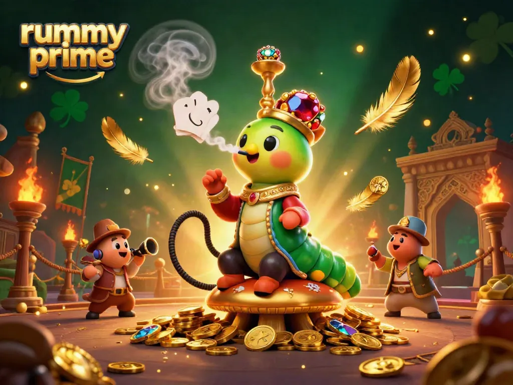 Engage with rummy prime through an elaborate scene filled with vibrant casino elements and enchanting characters.