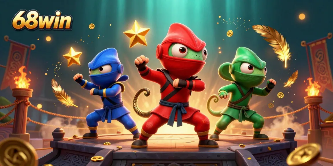 Experience the thrilling action of 68win with vibrant ninja chameleons in a dynamic casino scene.