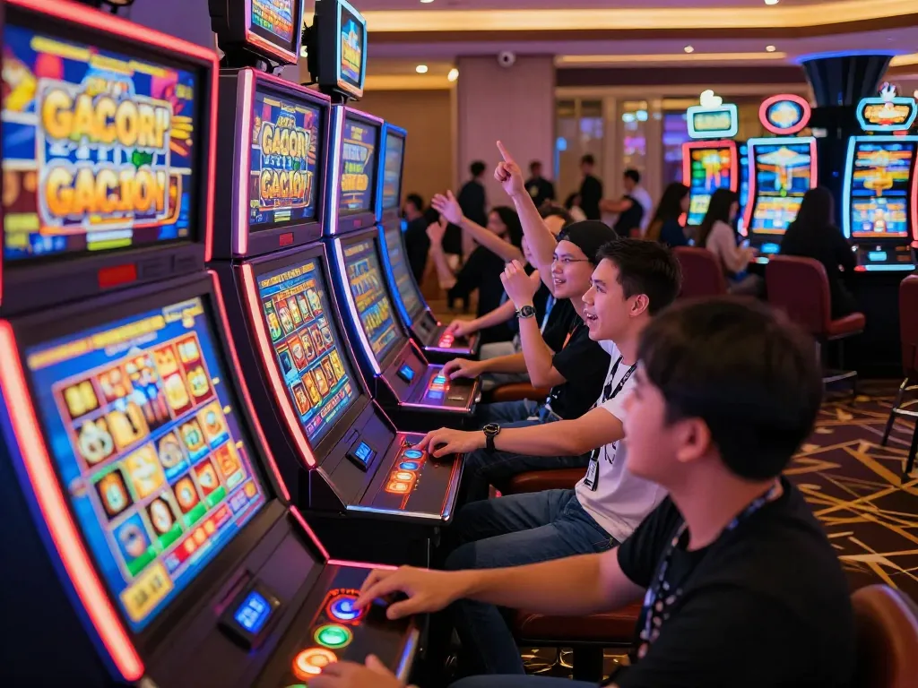 Exciting slot gacor hari ini atmosphere with players celebrating wins at colorful casino slot machines.